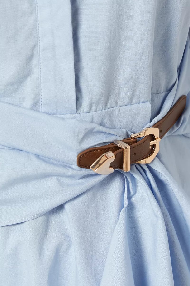 Sky Blue Cotton Poplin Belted Longline Shirt