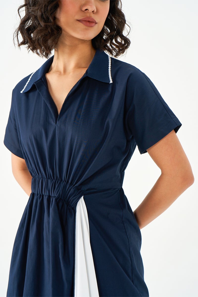 Navy and White Cotton Shirtdress with Contrast Waist Tie