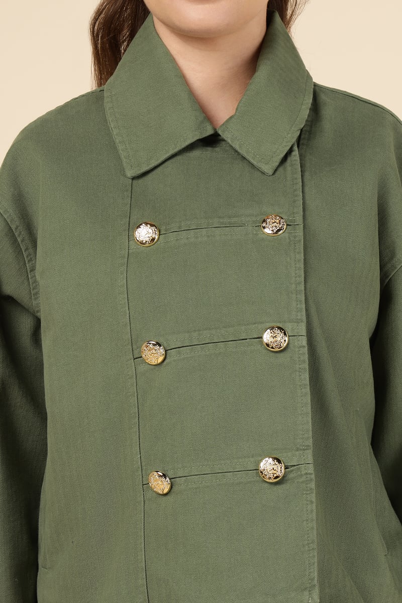 Green Double-Breasted Tailored Jacket with Gold Buttons