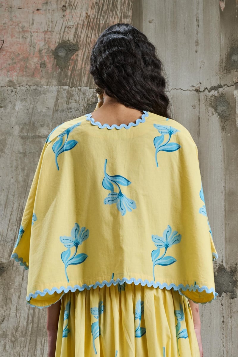 Yellow Floral Batwing Button-Down Shirt with Blue Lace Trim