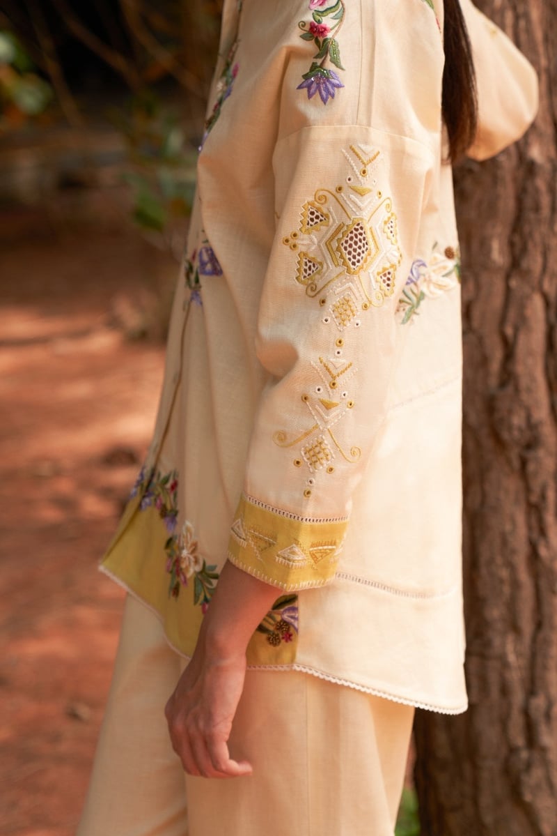 Beige Embroidered Shirt and Wide-Leg Pants Co-ord Set