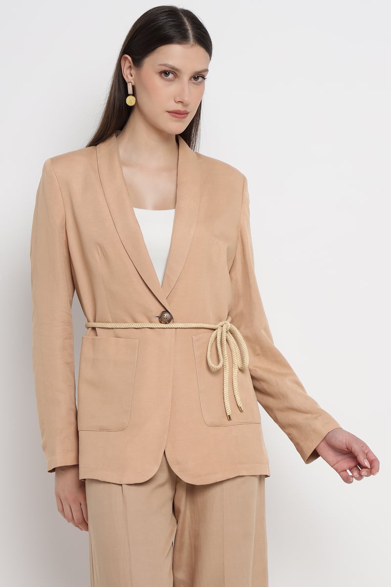 Beige Belted Single-Button Tailored Blazer