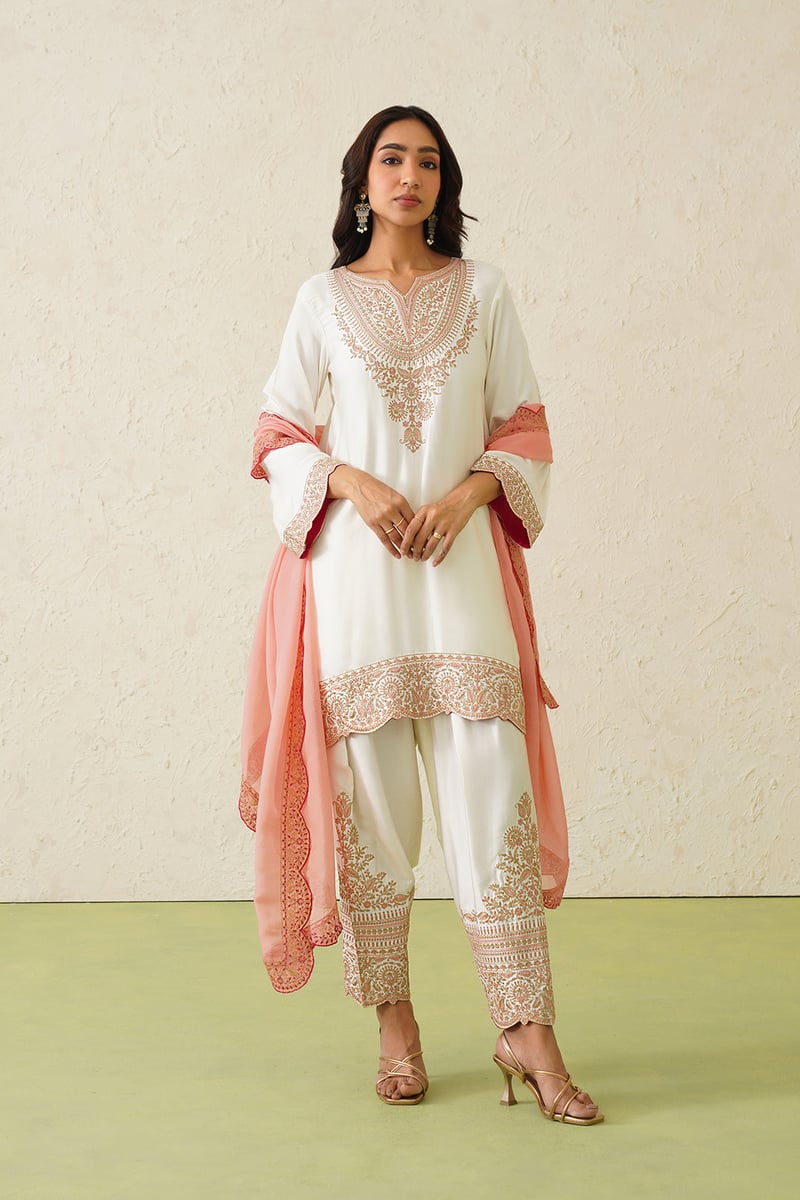 Cream Embroidered Kurta Set with Peach Organza Dupatta
