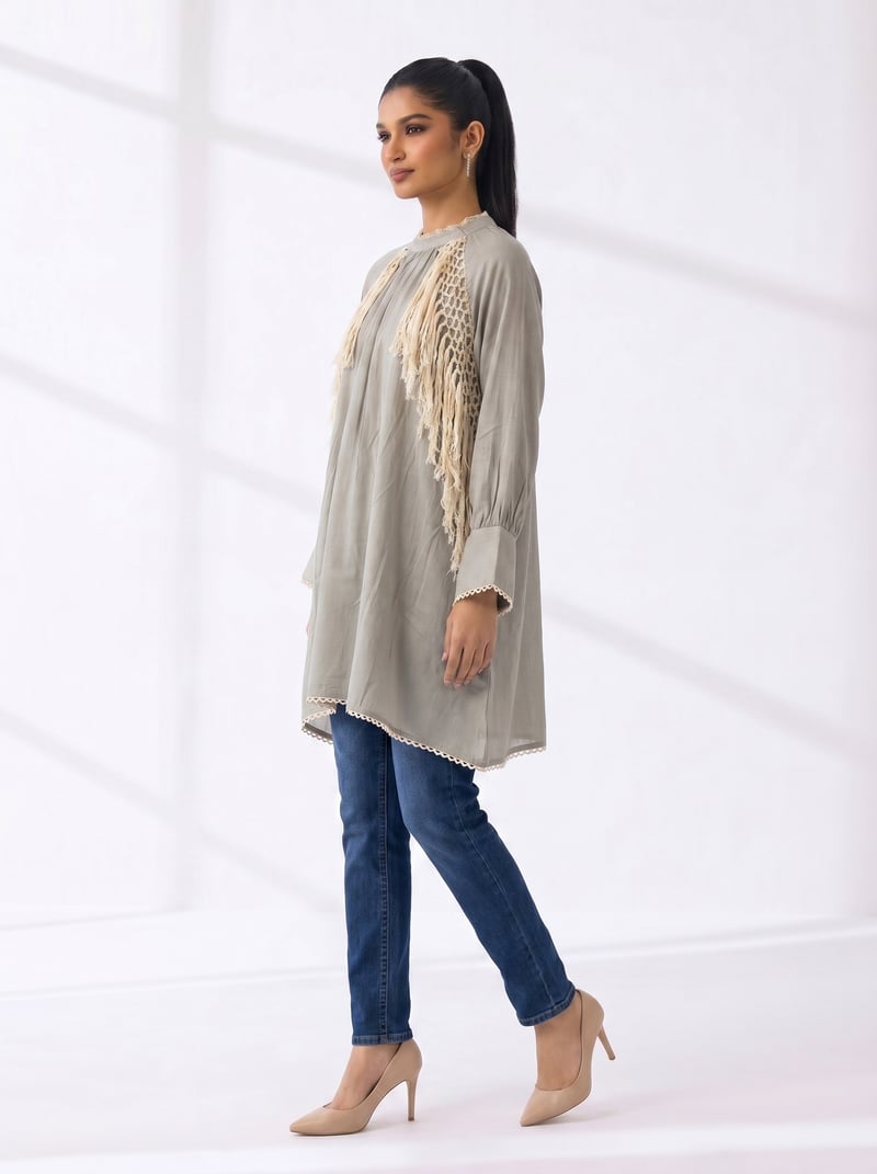 Grey A-Line Kurta with Crochet Fringe Side Panels