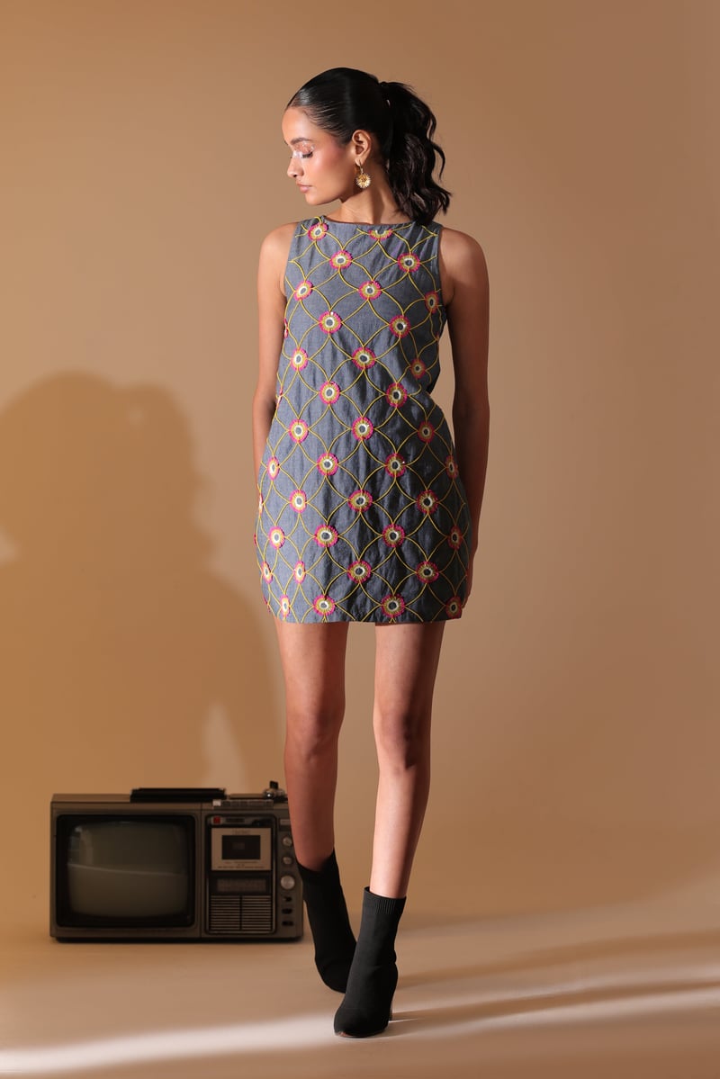 Blue Denim Embroidered Daisy Lattice Shift Mini Dress