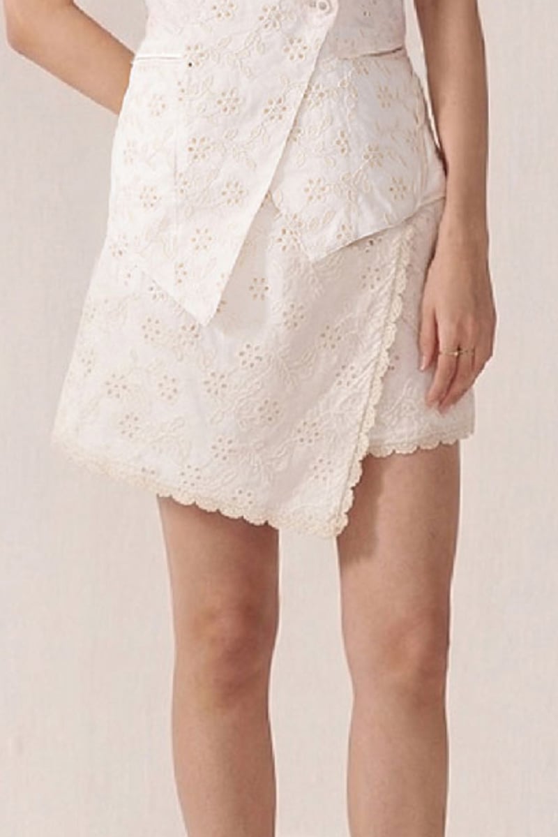 White Schiffli Embroidered Wrap-Front Shorts