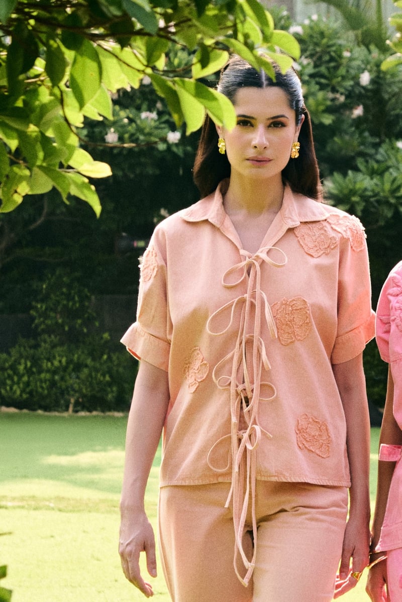 Orange Denim Tie-Up Shirt and Wide-Leg Pants Co-ord Set