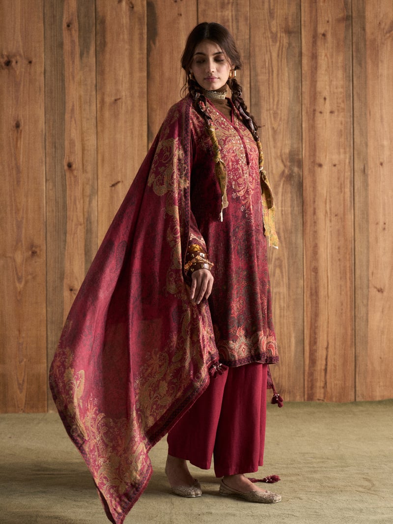 Maroon Printed Flared Kurta Set with Dupatta