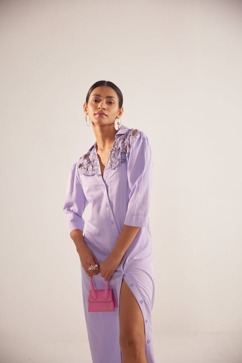 Lavender Cotton Satin Maxi Shirt Dress with Cutwork Yoke
