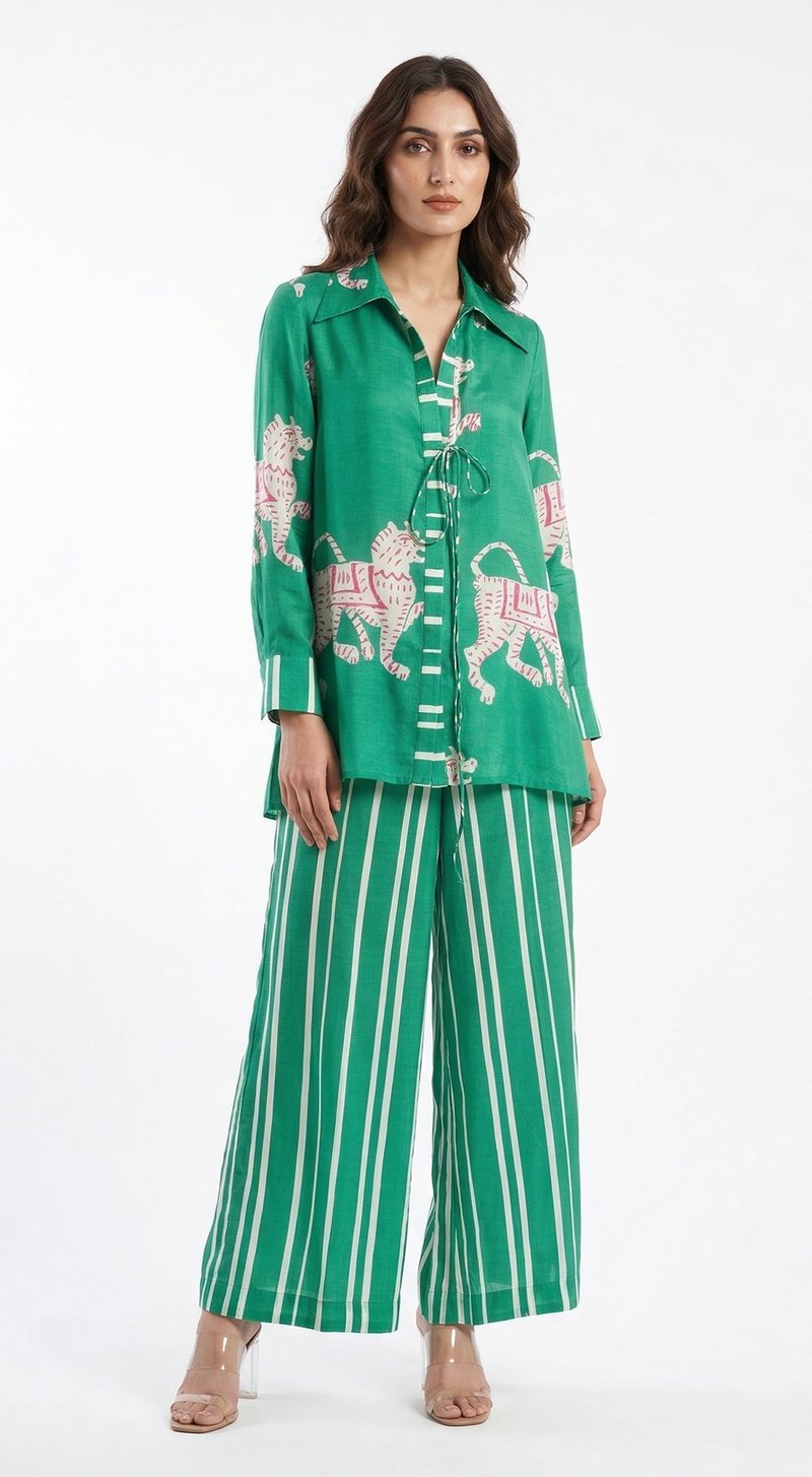 Green Muslin Printed Shirt and Wide-Leg Pants Co-ord Set