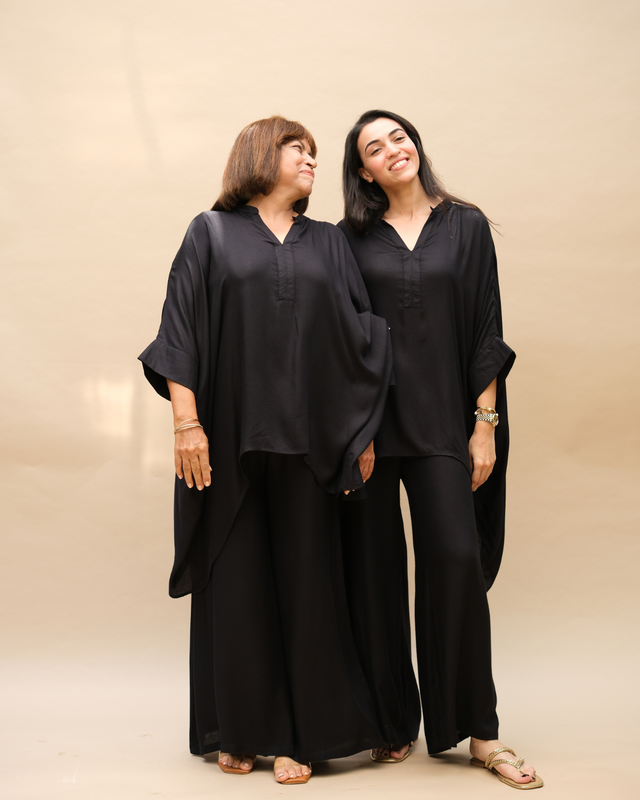 Black Kaftan Top and Wide-Leg Pants Co-ord Set