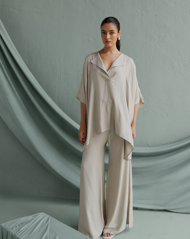 Taupe Draped Poncho Top and Bell Bottom Co-ord Set
