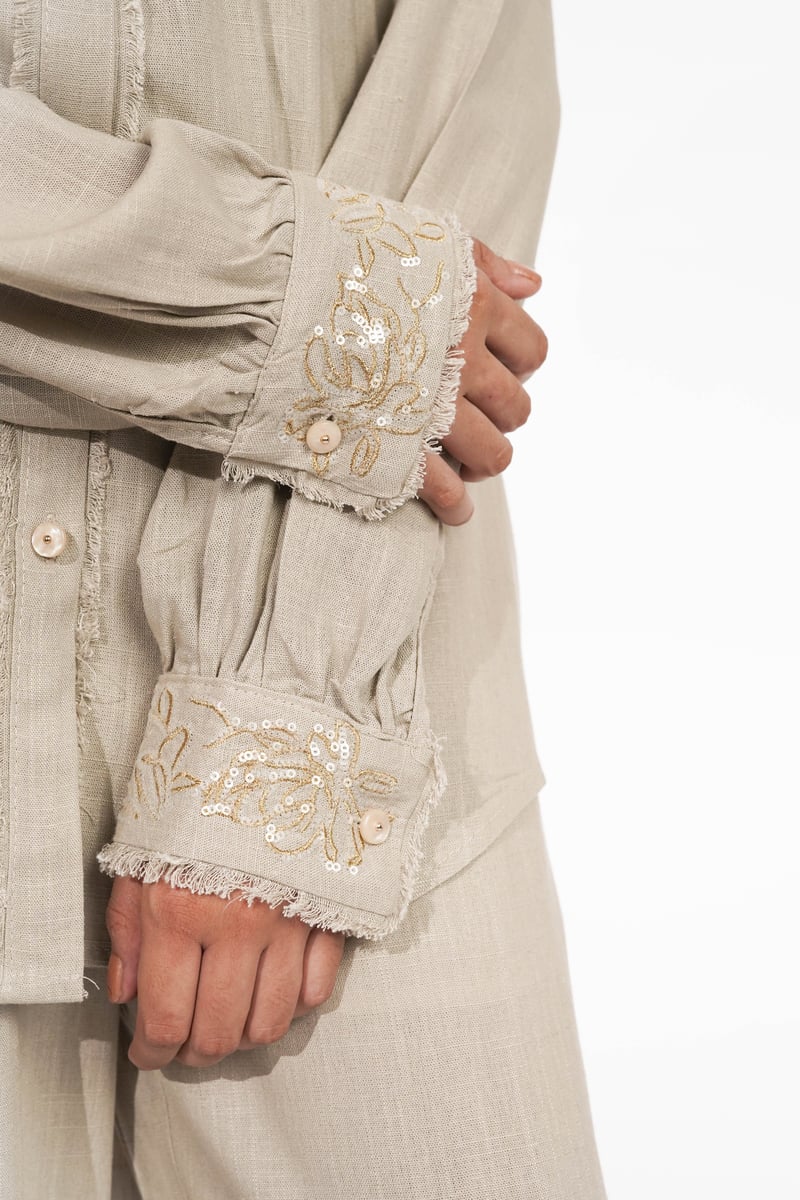 Beige Embroidered Shirt and Wide-Leg Pants Co-ord Set