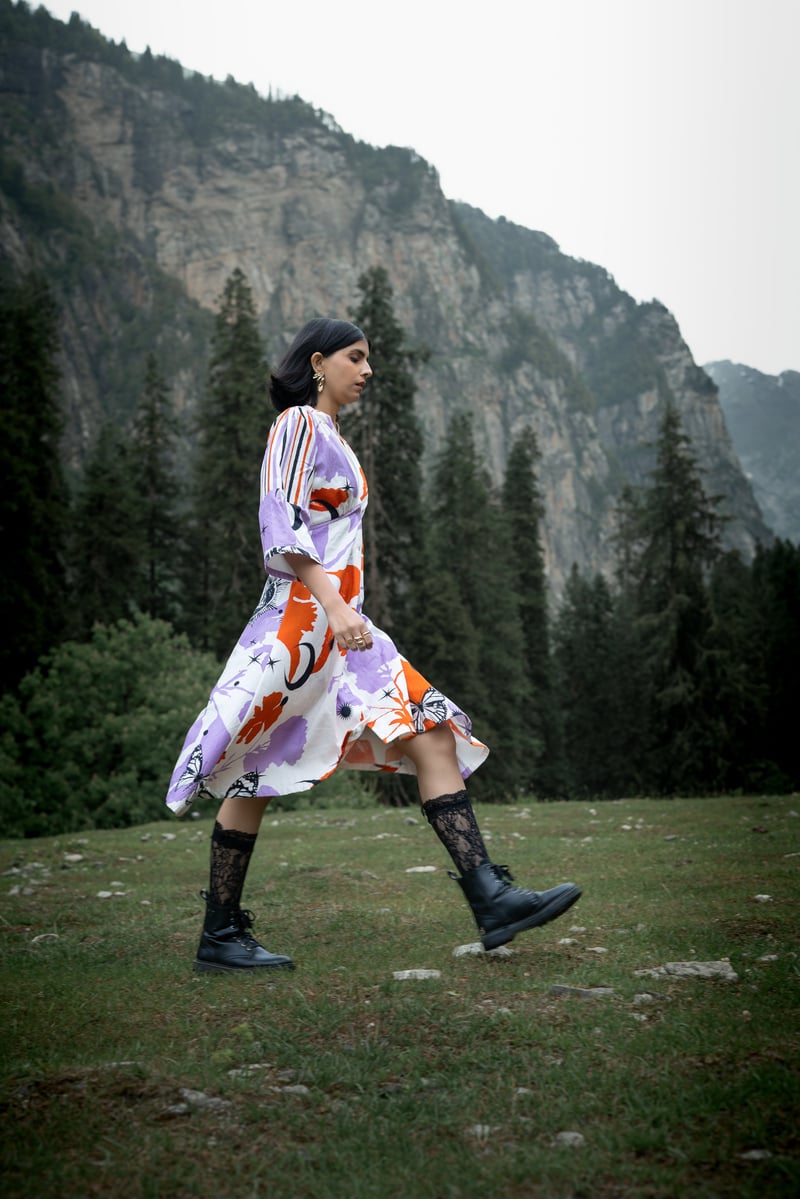 White Orange Printed Recycled Cotton Midi Dress