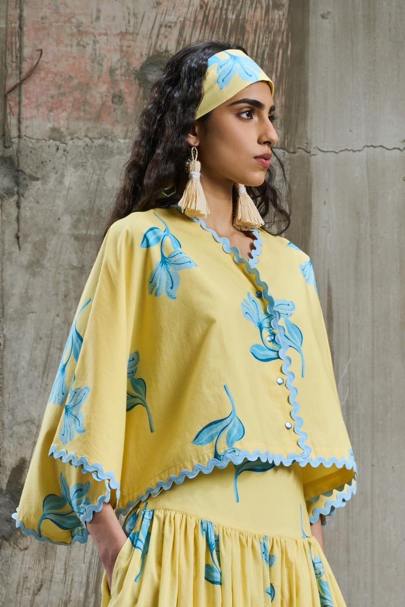 Yellow Floral Batwing Button-Down Shirt with Blue Lace Trim