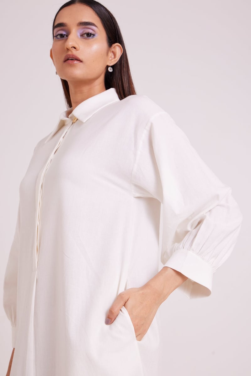 Ivory Midi Shirt Dress with Blue Hem Border
