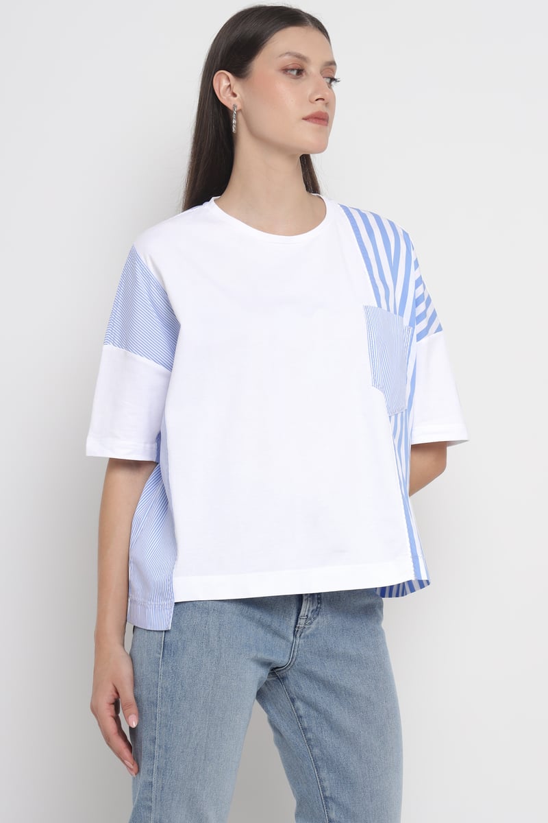 White/Light Blue Colorblock Oversized Stripe Panel Tee