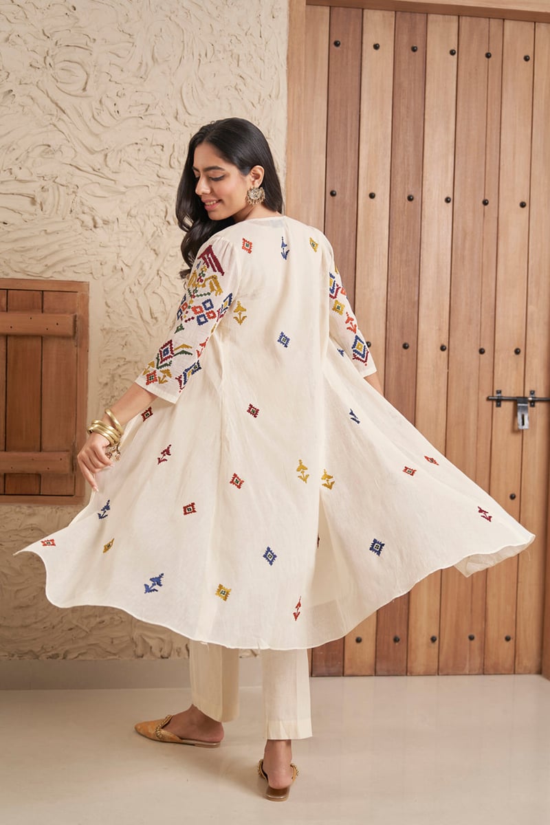 Ivory A-Line Embroidered Kurta Set with Straight Pants