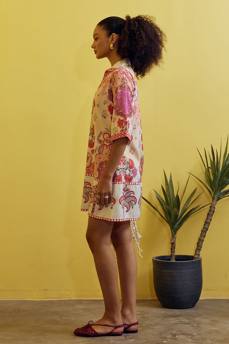 White Printed Mini Shirt Dress in Rayon Slub