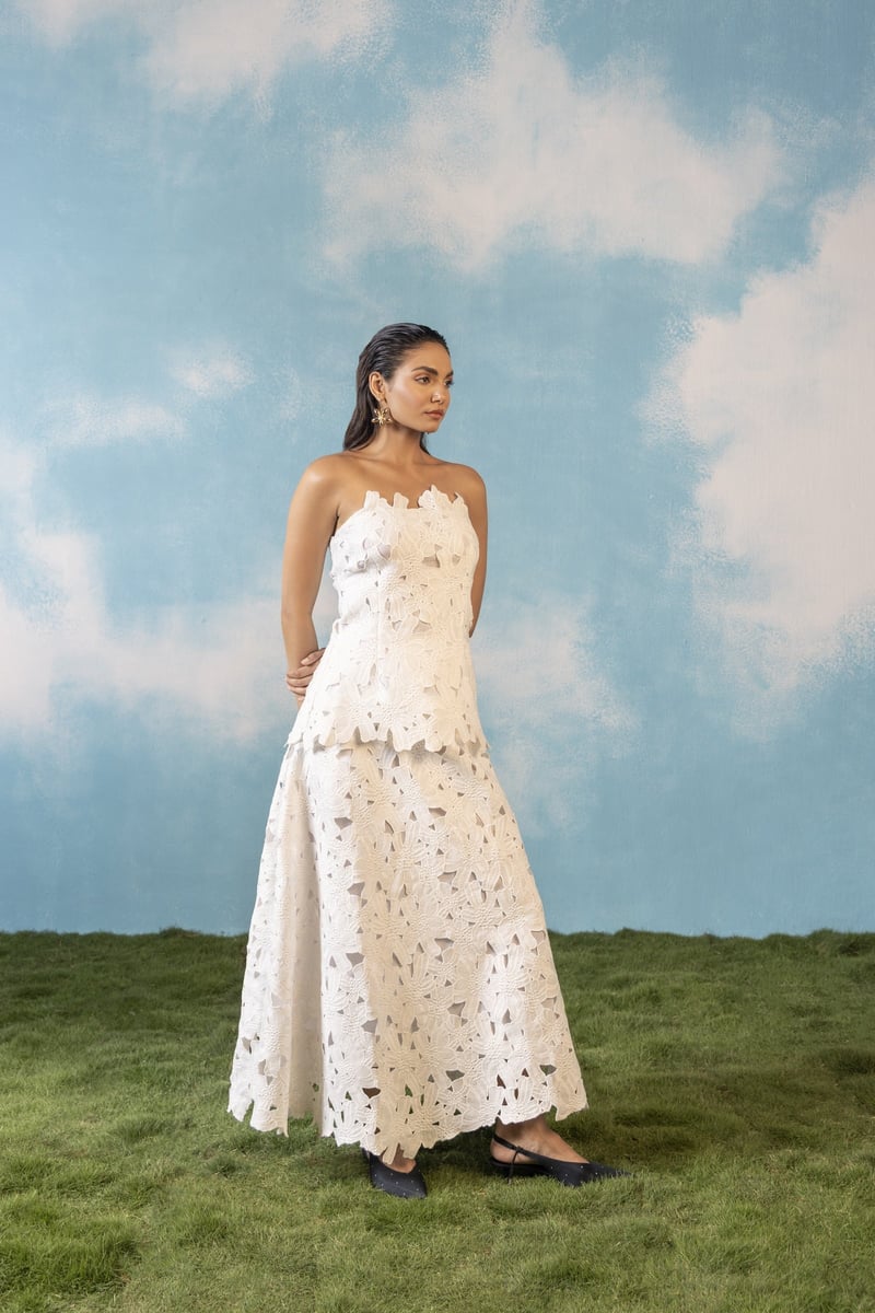 White Lace Strapless Top and Maxi Skirt Co-ord Set