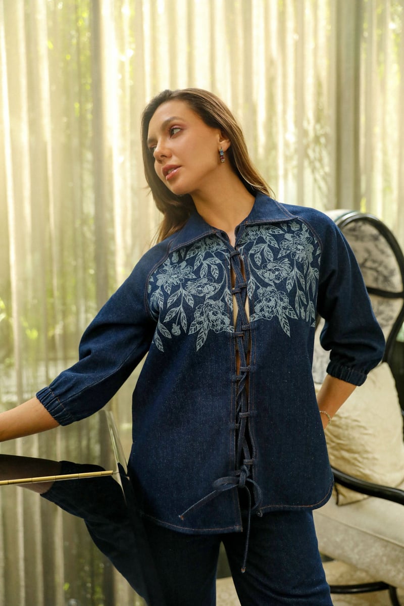 Dark Blue Denim Co-ord Set with Lace-Up Top and Wide-Leg Pants