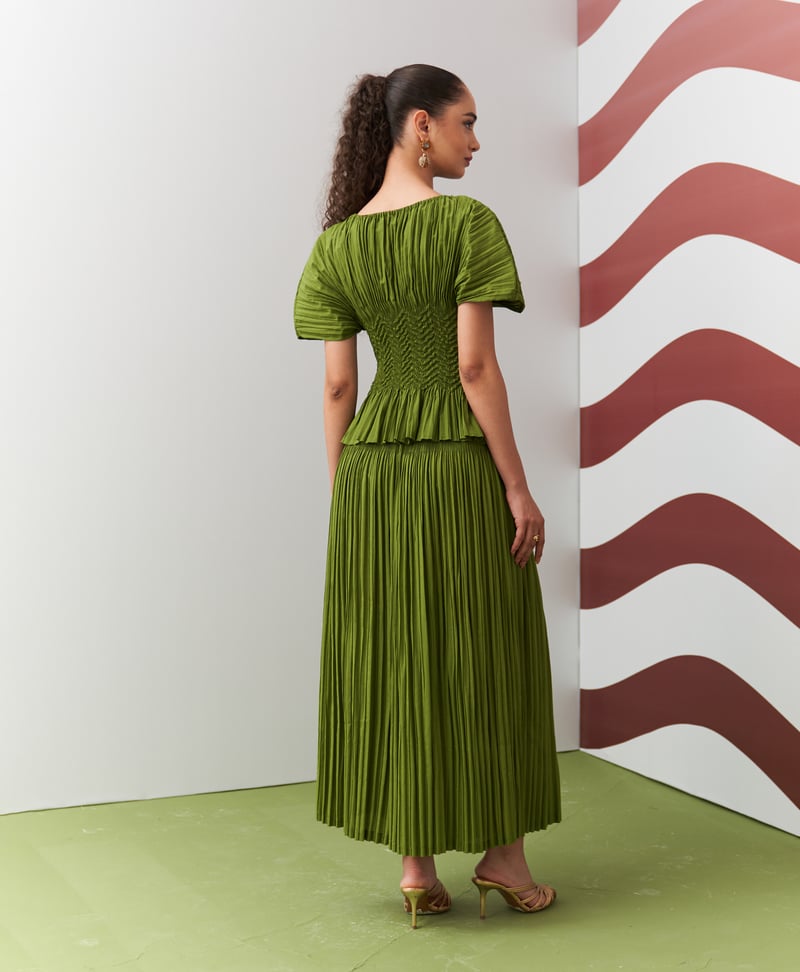 Green Boat Neck Smocked Top and Pleated Culotte Co-ord Set