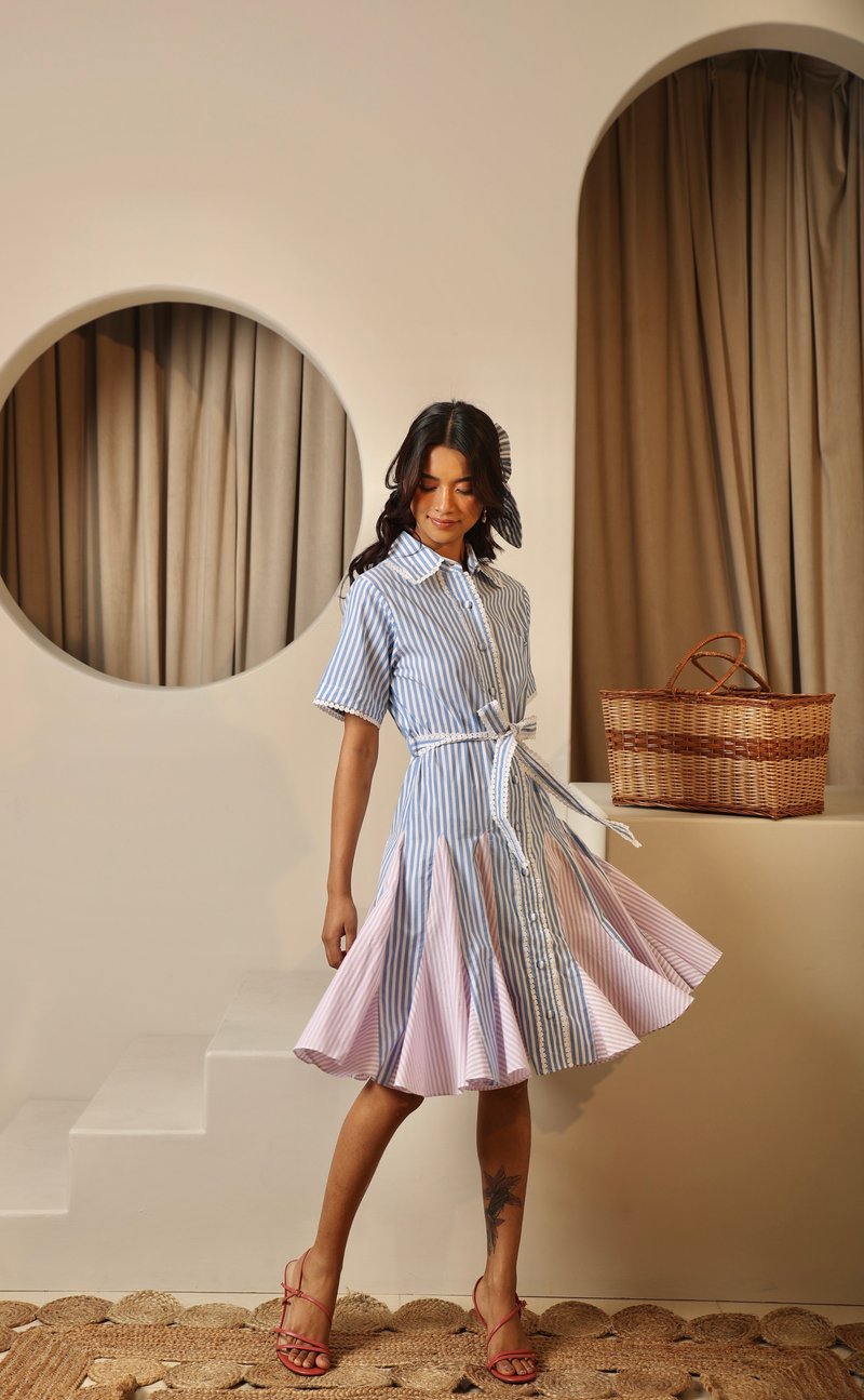 Blue Lilac White Striped Cotton Midi Shirt Dress with Belt