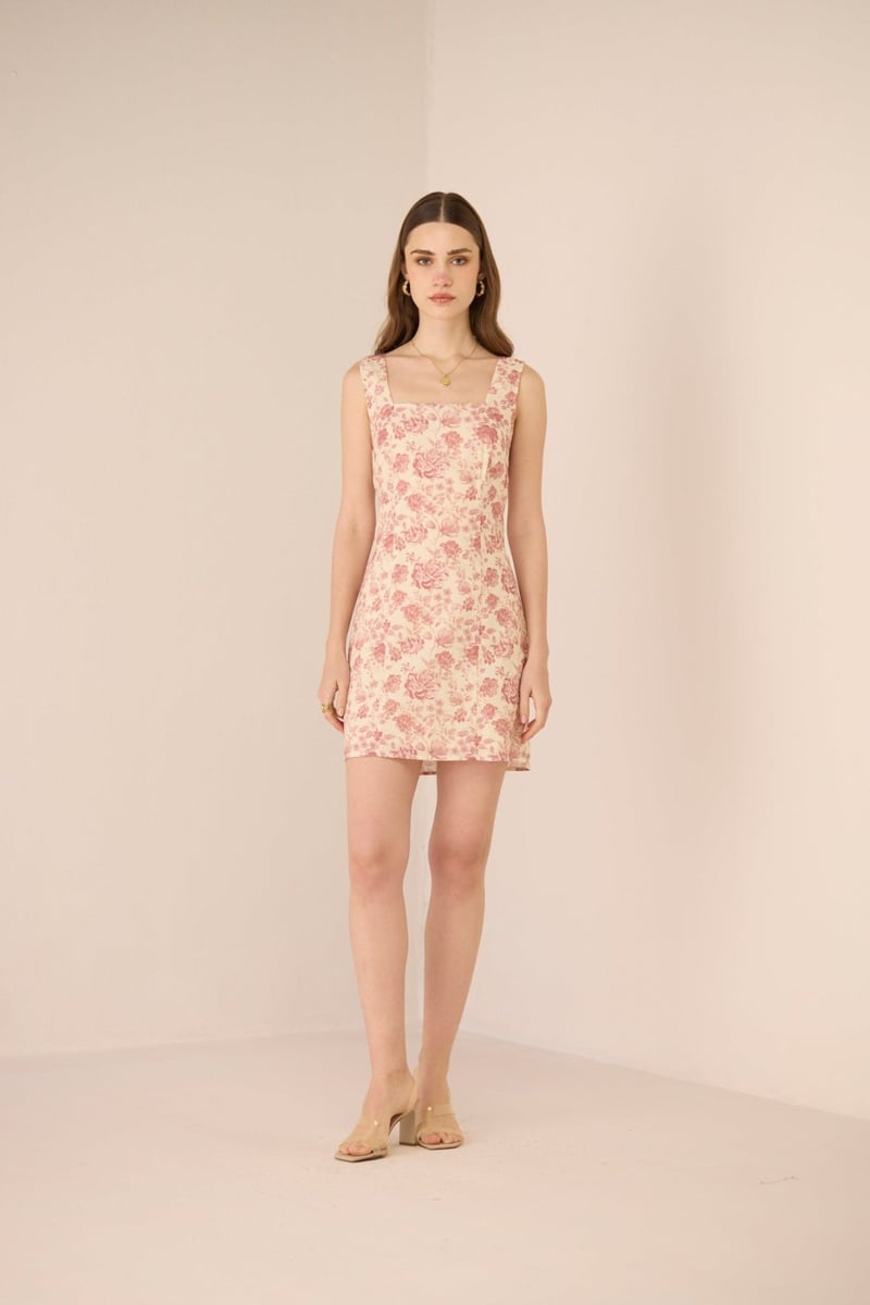 Wildflower Rose Floral Cotton Linen Slim-Fit Mini Dress