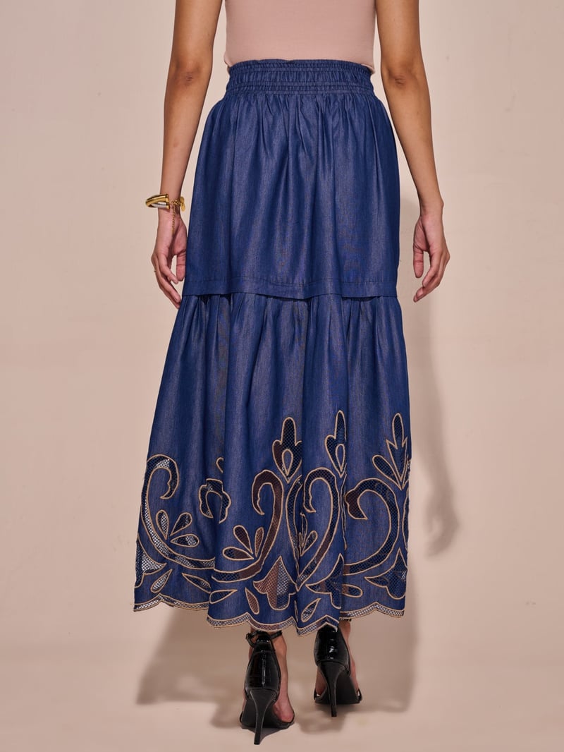 Blue Denim Tiered Midi Skirt with Cutwork Hem