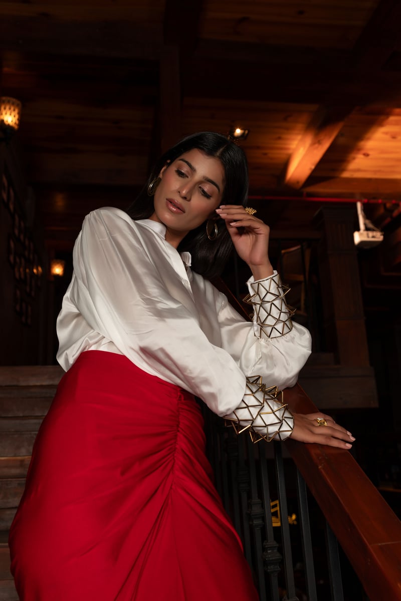 White Shirt and Red Midi Skirt Co-ord Set