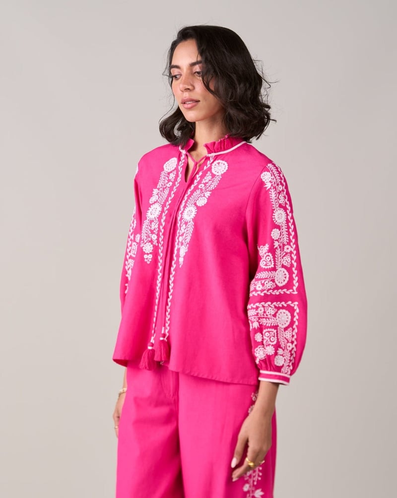Pink Embroidered Longline Tie-Up Tunic Top