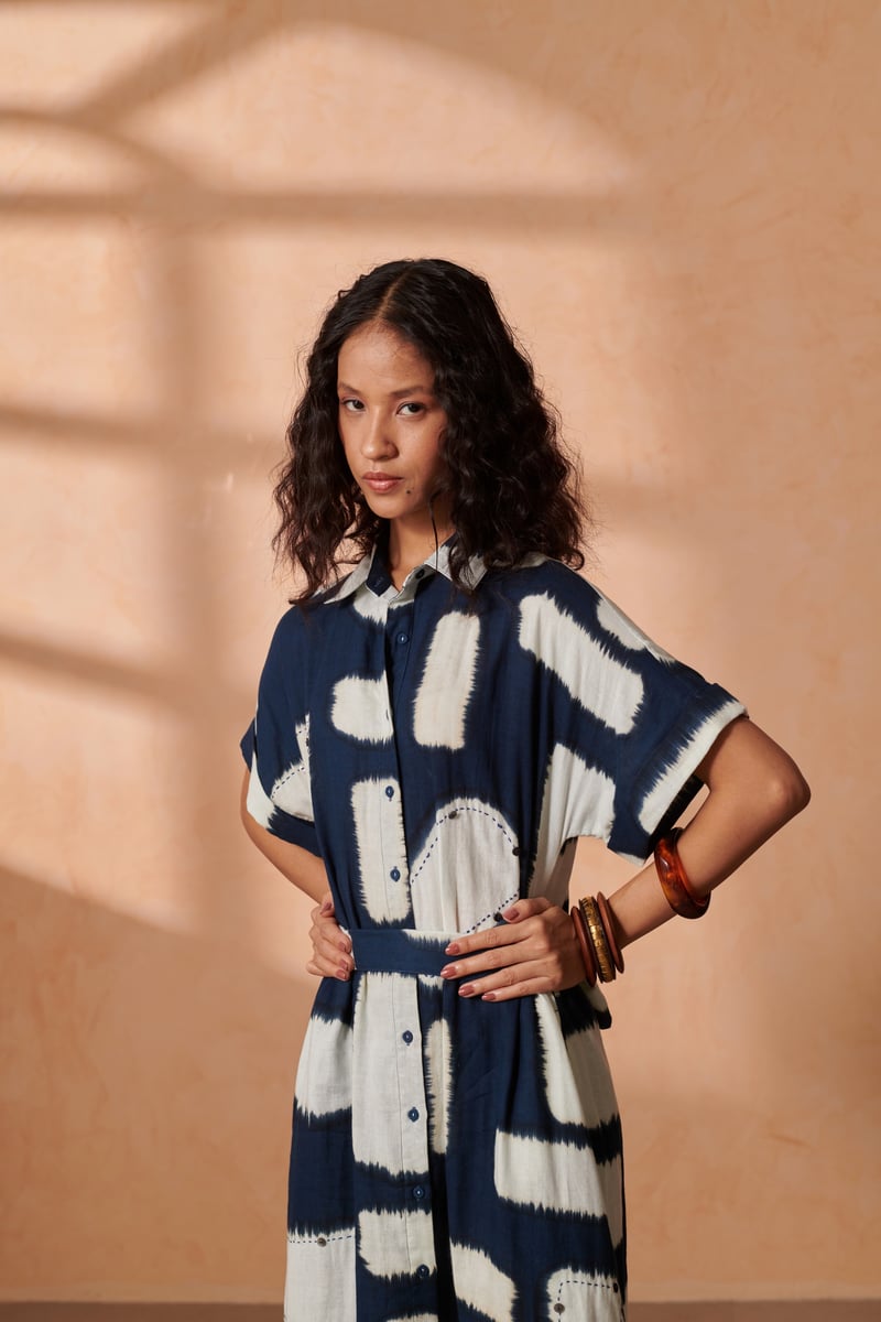 Blue Abstract Print Midi Shirt Dress with Tie Belt