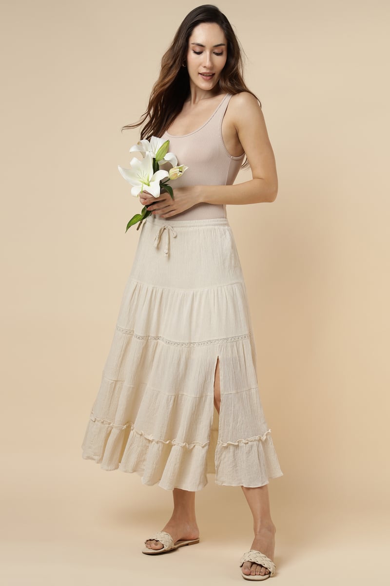 Natural Tiered Midi Skirt with Drawstring Waist — ASPRIN FASHION