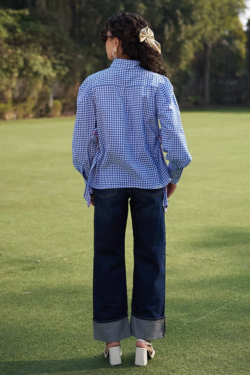 Blue Checked Cotton Shirt with Cross-Stitch Floral Motif