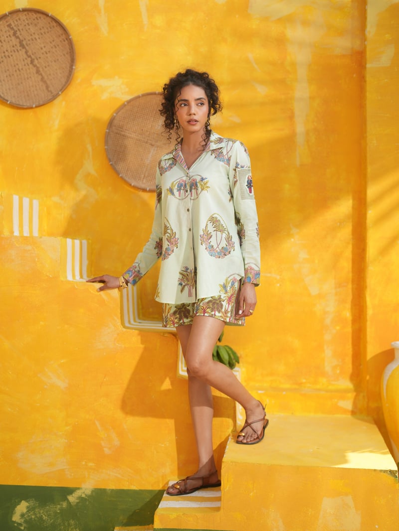 Cool Mint Tropical Printed Cotton Button-Down Shirt