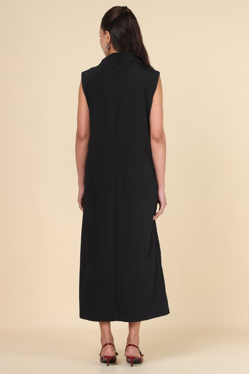 Black High Neck Sleeveless Midi Dress with Waist Rosette