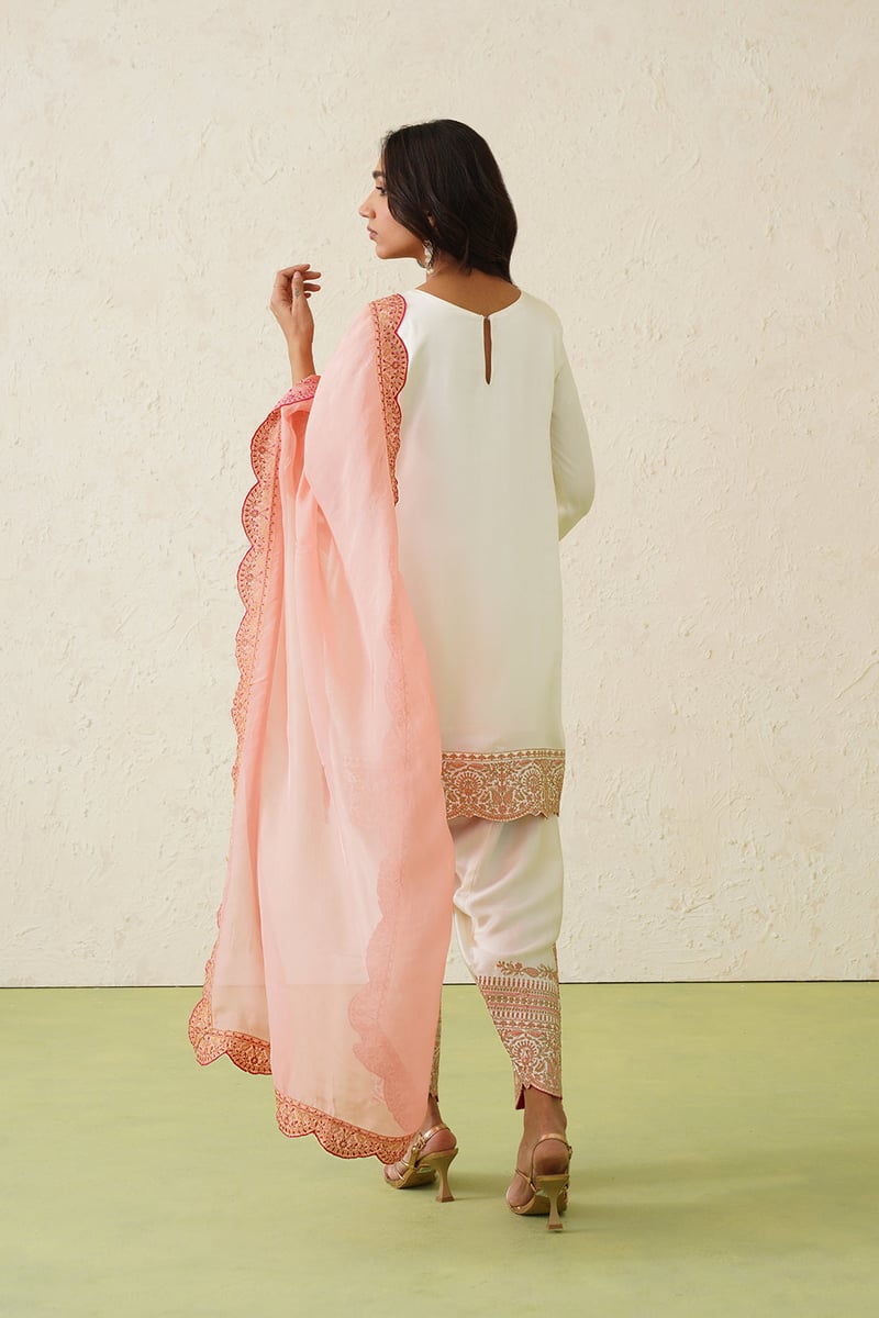 Cream Embroidered Kurta Set with Peach Organza Dupatta
