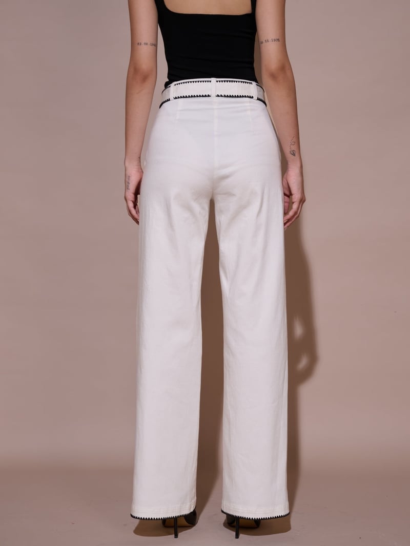 White Wide-Leg Embroidered Trousers