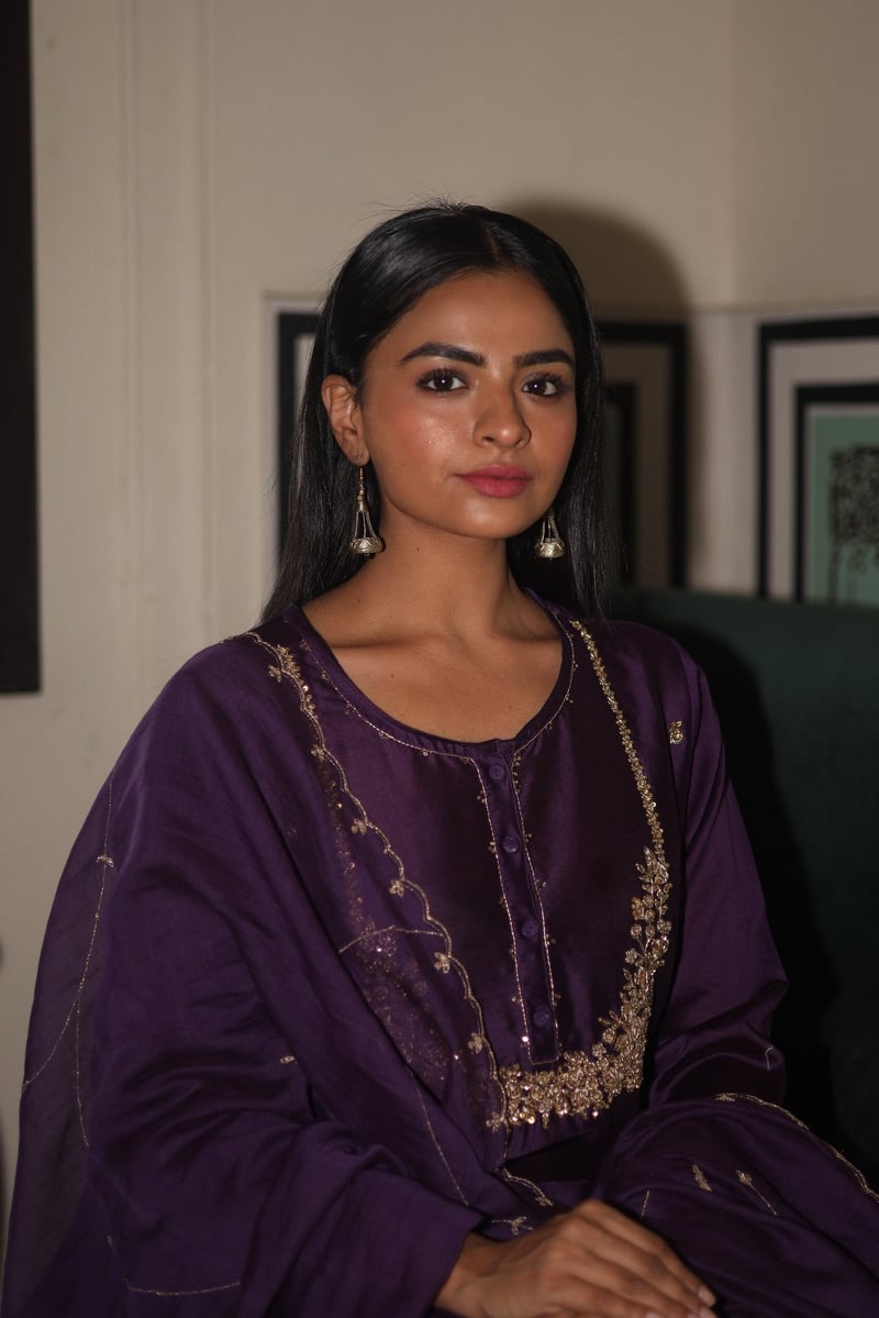 Purple Silk Chanderi Zardozi Kurta Set with Dupatta