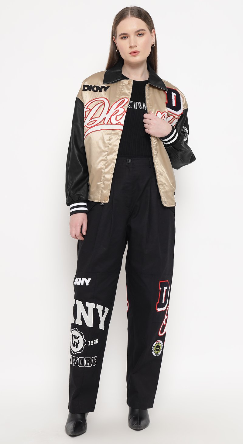 Beige and Black Colorblock Varsity Bomber Jacket