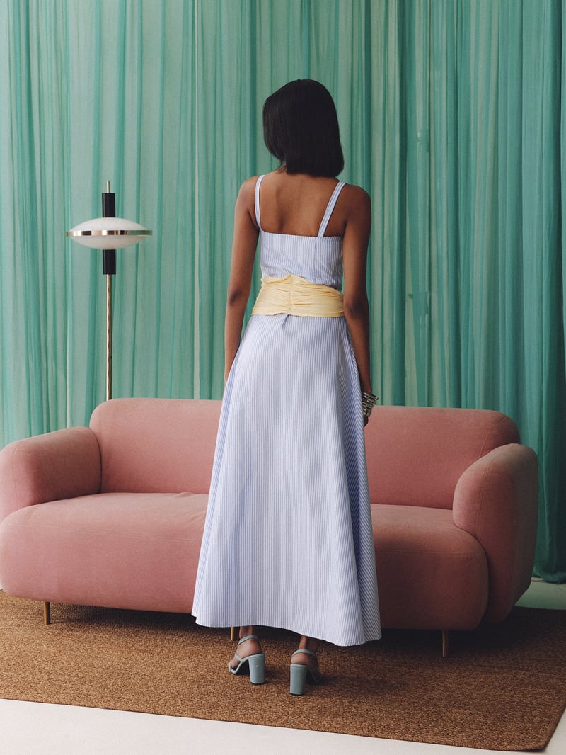Blue Pinstripe Satin Maxi Dress with Side Slit
