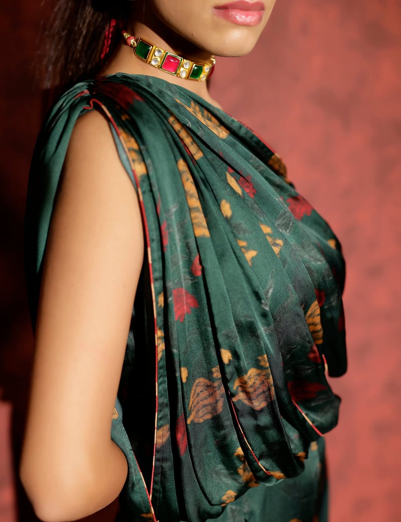 Green One-Shoulder Draped Printed Wide-Leg Jumpsuit