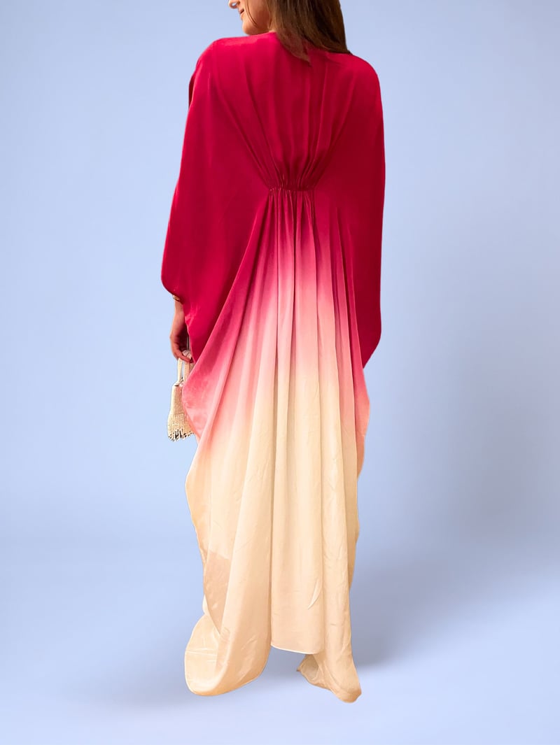 Fuschia Ombre Kaftan Maxi Dress with 3D Floral Embroidery