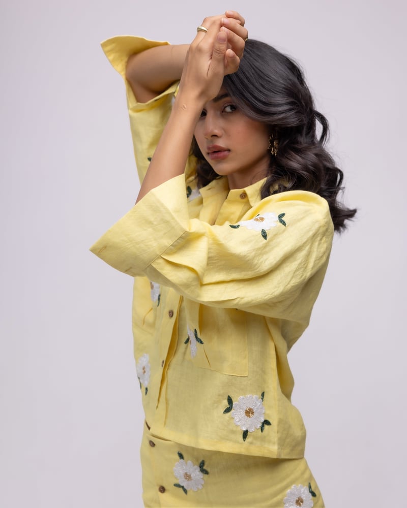 Lemon Yellow Linen Shirt with Floral Hand Embroidery