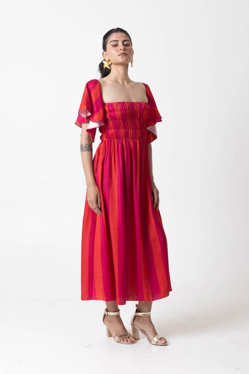 Pink Orange Striped Smocked Fit and Flare Midi Dress