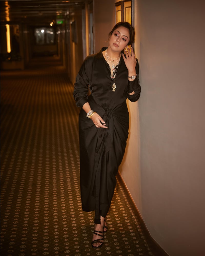 Black Satin Shirt and Sarong Skirt Co-ord Set
