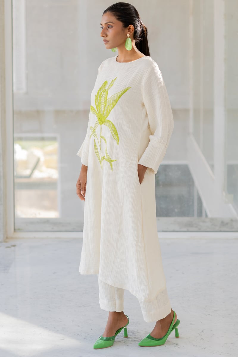 White Cotton Embroidered Kurta Set with Pants