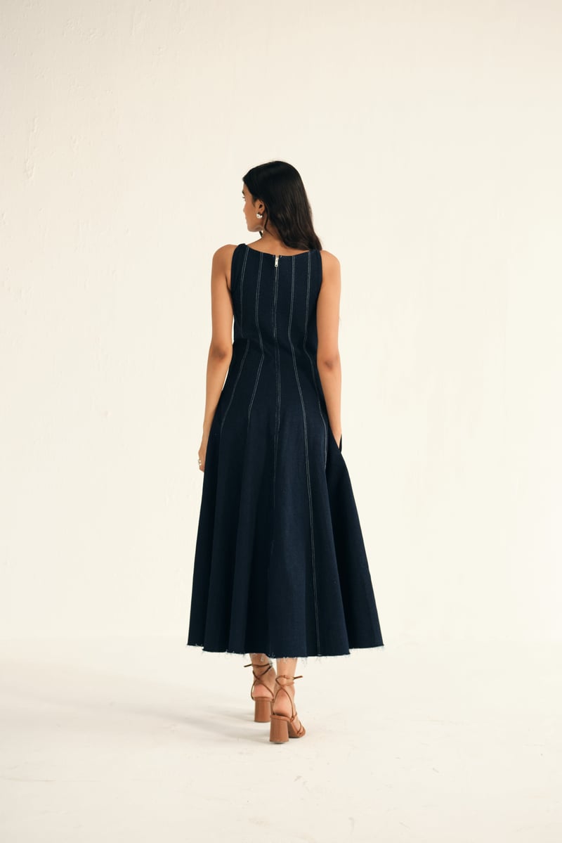 Blue Denim Square-Neck Panelled Midi Dress