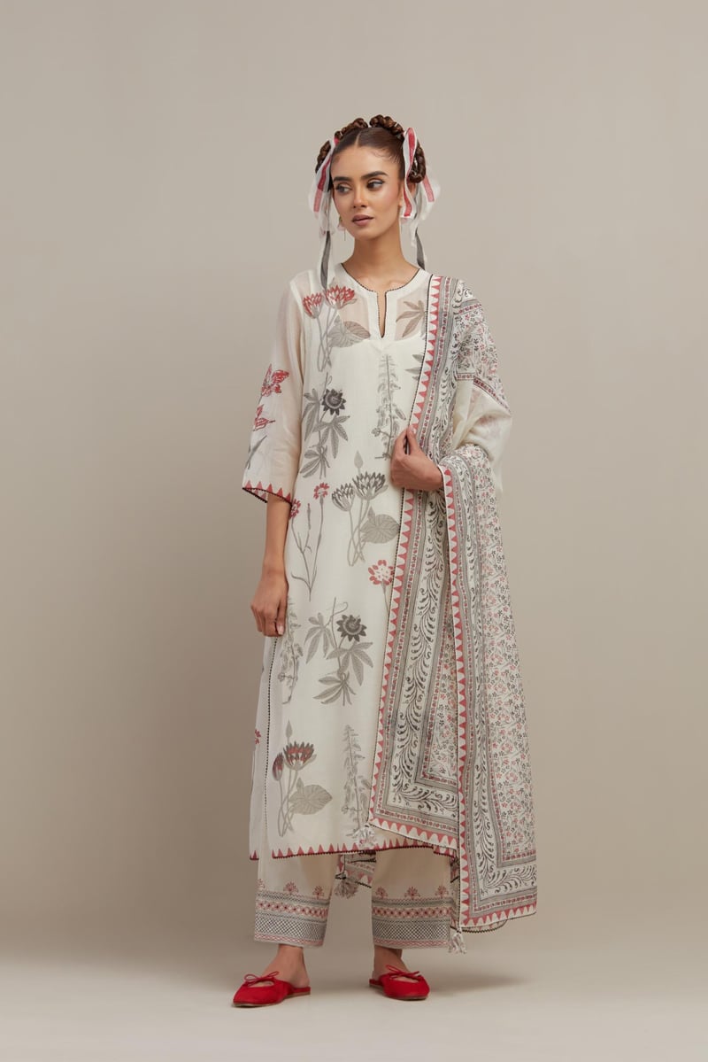 Off White Floral Block Print Cotton Chanderi Kurta Set
