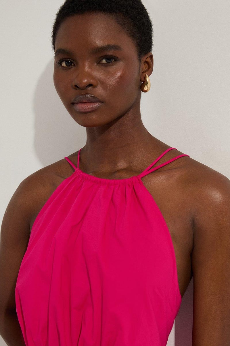 Hot Pink Cotton Halter Neck Midi Dress with Dropped Waist